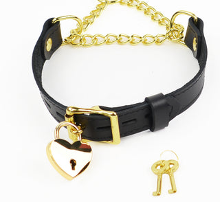 Black Custom Engraved Leather Martingale Day Collar - Gold Love Heart Pendant