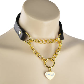 Black Custom Engraved Leather Martingale Day Collar - Gold Love Heart Pendant