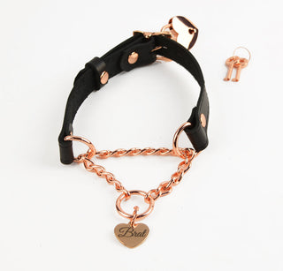 Black Custom Engraved Leather Martingale Day Collar - Rose Gold Love Heart Pendant