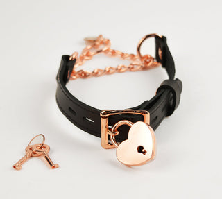 Black Custom Engraved Leather Martingale Day Collar - Rose Gold Love Heart Pendant