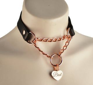 Black Custom Engraved Leather Martingale Day Collar - Rose Gold Love Heart Pendant