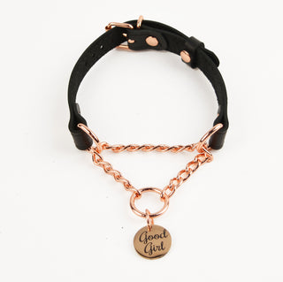 Black Custom Engraved Leather Martingale Day Collar - Rose Gold Round Pendant