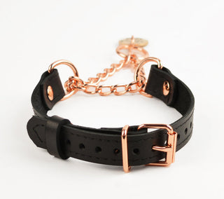 Black Custom Engraved Leather Martingale Day Collar - Rose Gold Love Heart Pendant