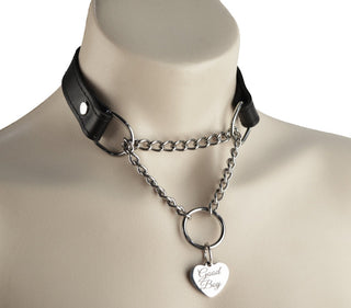 Black Custom Engraved Leather Martingale Day Collar - Silver Love Heart Pendant