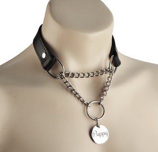 Black Custom Engraved Leather Martingale Day Collar - Silver Round Pendant