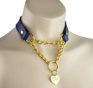 Blue Custom Engraved Leather Martingale Day Collar - Gold Love Heart Pendant