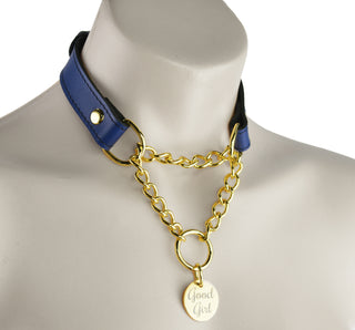 Blue Custom Engraved Leather Martingale Day Collar - Gold Round Pendant