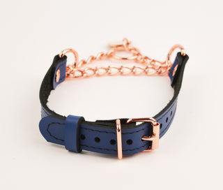 Deep Blue Custom Engraved Leather Martingale Day Collar - Rose Gold Round Pendant