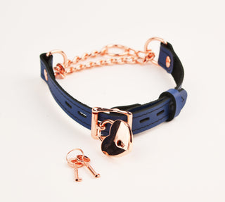 Deep Blue Custom Engraved Leather Martingale Day Collar - Rose Gold Round Pendant