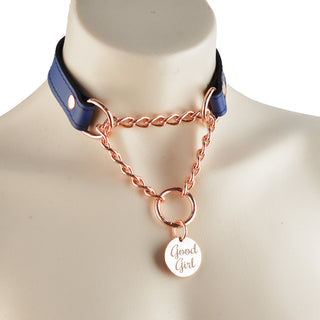 Deep Blue Custom Engraved Leather Martingale Day Collar - Rose Gold Round Pendant