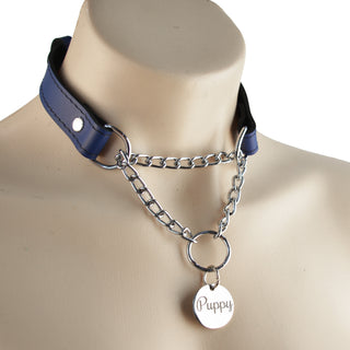 Deep Blue Custom Engraved Leather Martingale Day Collar - Silver Round Pendant