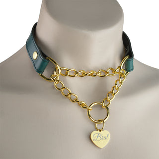 Emerald Green Custom Engraved Leather Martingale Day Collar - Gold Love Heart Pendant