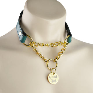 Emerald Green Custom Engraved Leather Martingale Day Collar - Gold Round Pendant