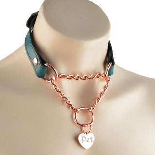 Emerald Green Custom Engraved Leather Martingale Day Collar - Rose Gold Love Heart Pendant