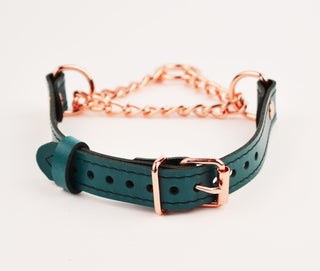 Emerald Green Custom Engraved Leather Martingale Day Collar - Rose Gold Love Heart Pendant