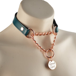 Emerald Green Custom Engraved Leather Martingale Day Collar - Rose Gold Round Pendant
