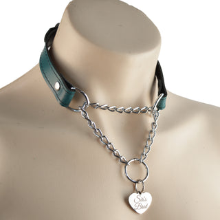 Emerald Green Custom Engraved Leather Martingale Day Collar - Silver Love Heart Pendant