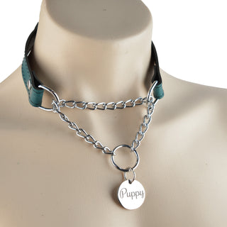 Emerald Green Custom Engraved Leather Martingale Day Collar - Silver Round Pendant