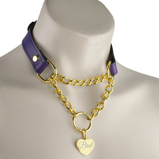Purple Custom Engraved Leather Martingale Day Collar - Gold Love Heart Pendant