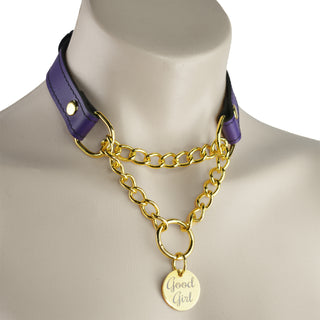 Purple Custom Engraved Leather Martingale Day Collar - Gold Round Pendant