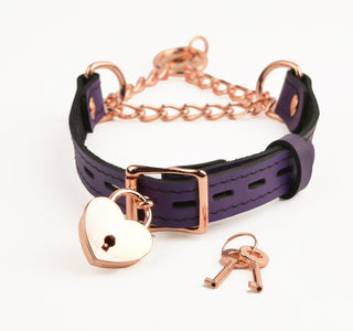Purple Custom Engraved Leather Martingale Day Collar - Rose Gold Round Pendant