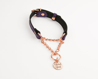 Purple Custom Engraved Leather Martingale Day Collar - Rose Gold Round Pendant