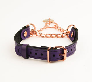Purple Custom Engraved Leather Martingale Day Collar - Rose Gold Round Pendant