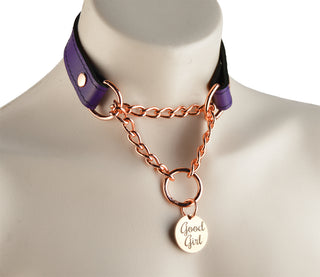 Purple Custom Engraved Leather Martingale Day Collar - Rose Gold Round Pendant