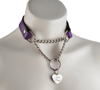 Purple Custom Engraved Leather Martingale Day Collar - Silver Love Heart Pendant