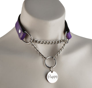 Purple Custom Engraved Leather Martingale Day Collar - Silver Round Pendant