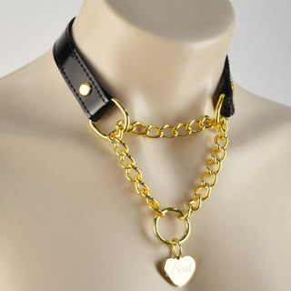 Black Patent Leather Custom Engraved Martingale Day Collar - Gold Love Heart Pendant