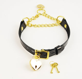 Black Patent Leather Custom Engraved Martingale Day Collar - Gold Love Heart Pendant