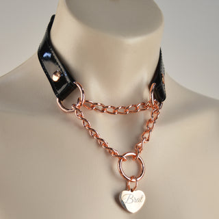 Black Patent Leather Custom Engraved Martingale Day Collar - Rose Gold Love Heart Pendant