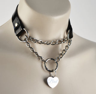 Black Patent Leather Custom Engraved Martingale Day Collar - Silver Love Heart Pendant