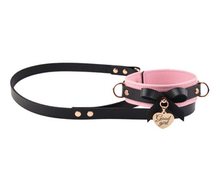 Premium Blush Pink Leather BDSM Bow Collar with Custom Engraved Rose Gold Pendant and Leash