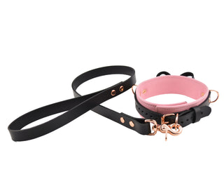 Premium Blush Pink Leather BDSM Bow Collar with Custom Engraved Rose Gold Pendant and Leash