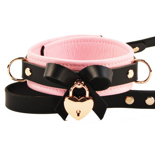 Premium Blush Pink Leather BDSM Bow Collar with Love Heart Lock Pendant