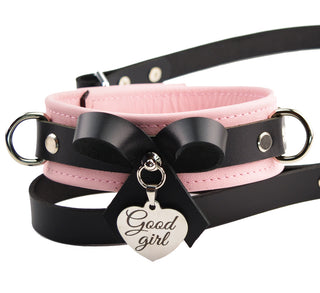 Premium Blush Pink Leather BDSM Bow Collar with Custom Engraved Silver Pendant