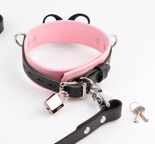 Premium Blush Pink Leather BDSM Bow Collar with Custom Engraved Silver Pendant