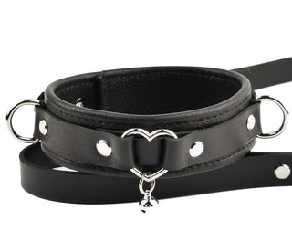 Silver Love Heart Leather Collar & Leash