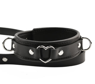 Silver Love Heart Leather Collar & Leash