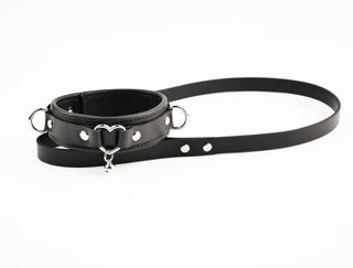 Silver Love Heart Leather Collar & Leash