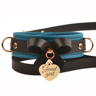 Premium Jade Empress Leather BDSM Bow Collar with Custom Engraved Rose Gold Pendant