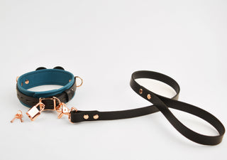 Premium Jade Empress Leather BDSM Bow Collar with Custom Engraved Rose Gold Pendant
