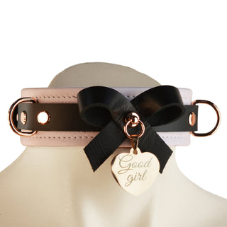 Premium Lavender BDSM Leather Bow Collar With Custom Engraved Rose Gold Pendant and Leash