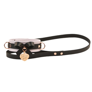Premium Lavender BDSM Leather Bow Collar With Custom Engraved Rose Gold Pendant and Leash