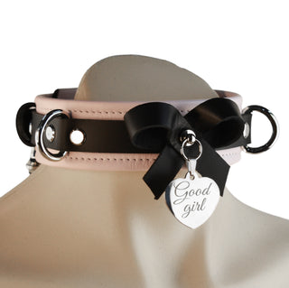 Premium Lavender Leather Bow Premium BDSM Collar & Leash with Custom Engraved Silver Pendant