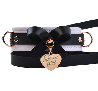 Premium Lavender BDSM Leather Bow Collar With Custom Engraved Rose Gold Pendant and Leash