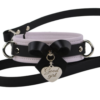 Premium Lavender Leather Bow Premium BDSM Collar & Leash with Custom Engraved Silver Pendant