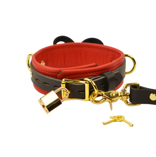 BDSM Red Leather Bow Collar With Custom Engraved Gold Pendant and Leash